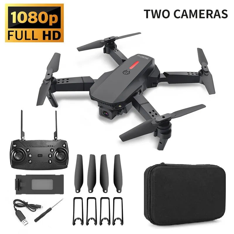 Black E88 4K Foldable RC Drone remote control and propeller final view for foldable RC toy.