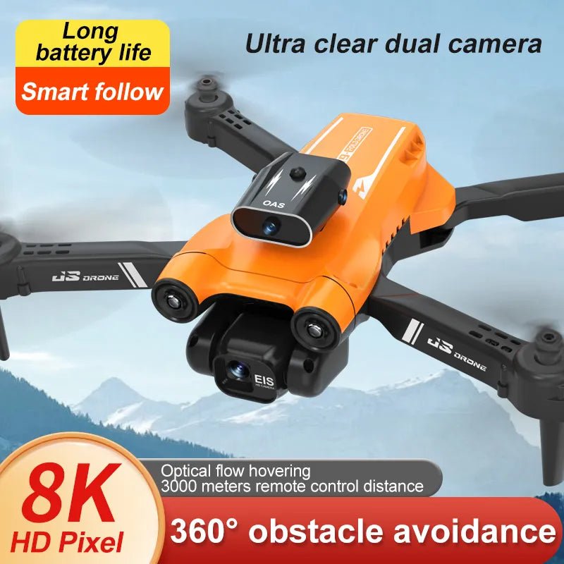 2025 E88 4K Foldable RC Drone dual-camera edition flying over mountain scenery for outdoor adventures.
