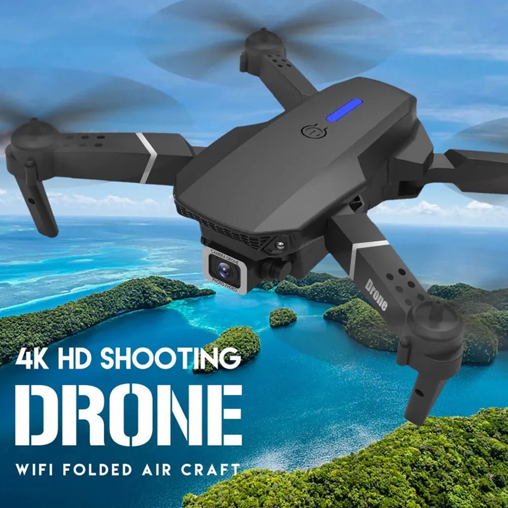 E88 Pro Drone 4K HD quadcopter capturing aerial video over scenic landscapes during outdoor flights.