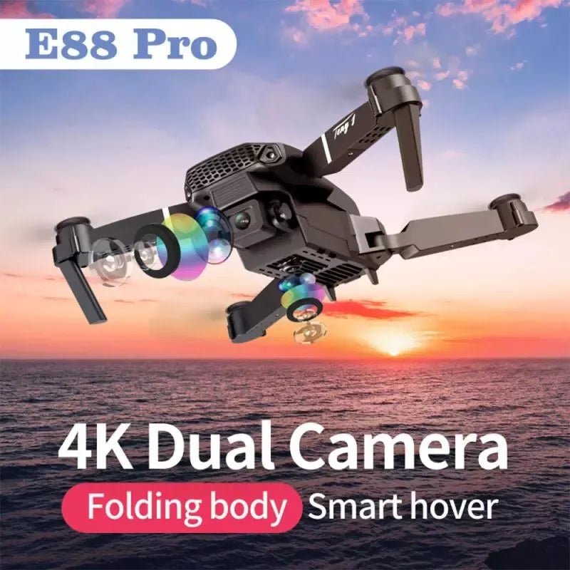 E88 Pro Drone 4K dual-camera quadcopter flying over open landscape for aerial exploration and photography.