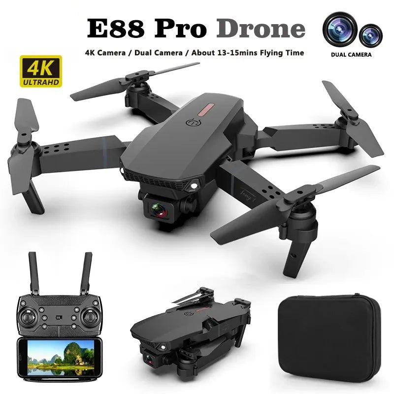 E88 Pro Drone 4K dual-camera quadcopter with remote control for outdoor flying and aerial photography.