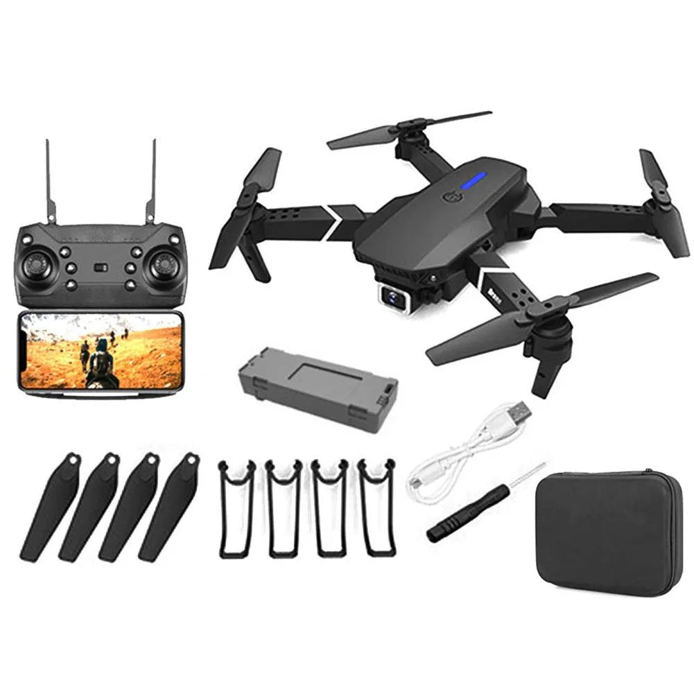 E88 Pro Drone RC quadcopter toy set with remote control, battery, propellers, and carrying case for gifting.