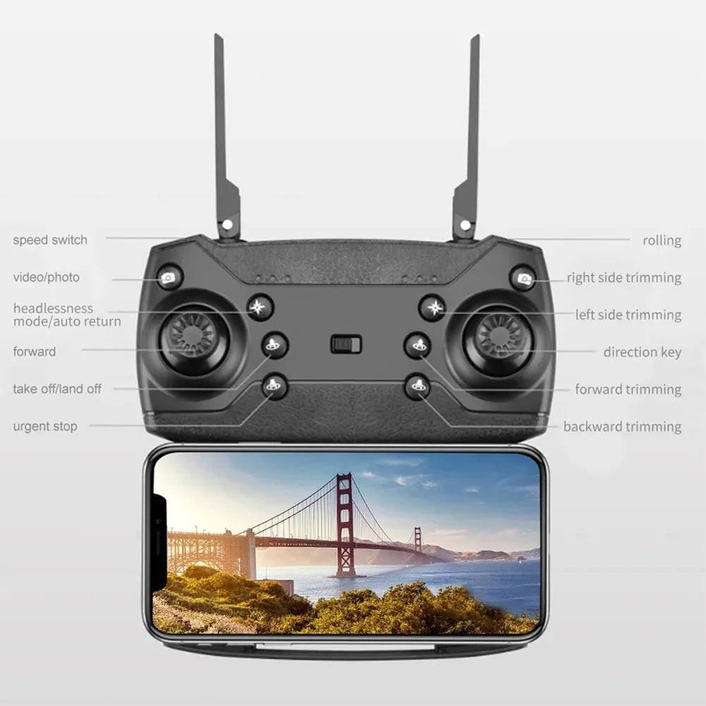 E88 Pro Drone remote control with smartphone holder for hands-on flying and live video viewing.