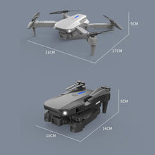 E88 Pro foldable drone dimensions shown folded and open for buyers checking portability before travel flying.