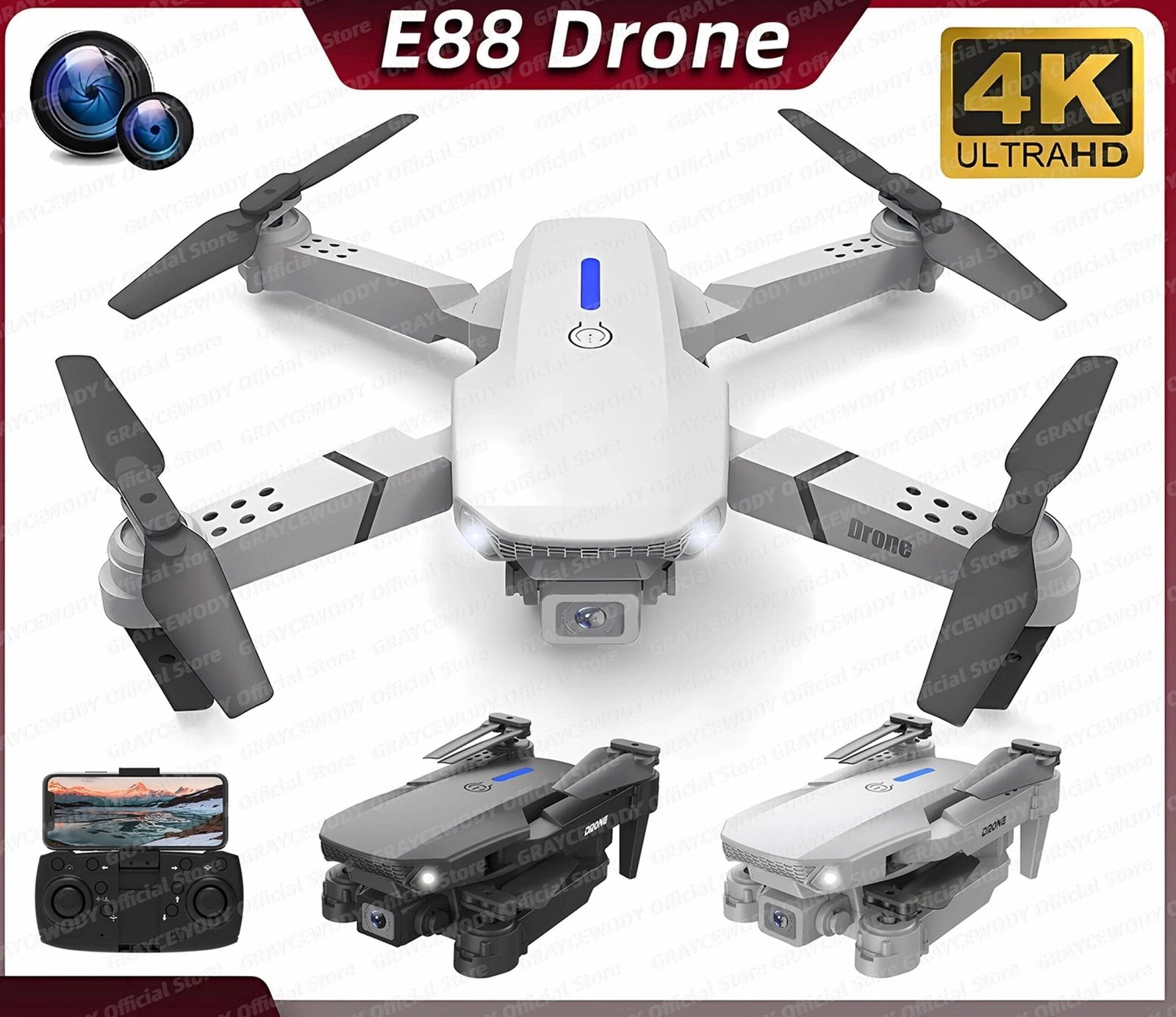 E88 Pro RC drone with 4K dual camera and accessories for aerial photography, outdoor flying, and kids gifting.