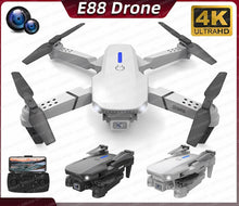 E88 Pro RC drone with 4K dual camera and accessories for aerial photography, outdoor flying, and kids gifting.