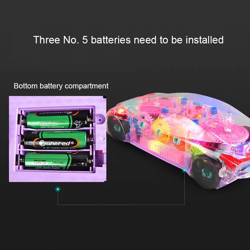 Colorful toy car with batteries on a black background