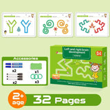 Educational product packaging with illustrations of pages and accessories on a green background
