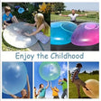Collage of children playing with large inflatable bubbles outdoors.