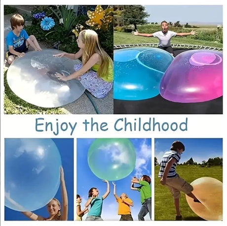 Collage of children playing with large inflatable bubbles outdoors.