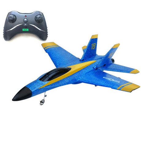 Blue and yellow toy airplane with remote control on a white background