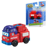 Red toy vehicle with blue top, featuring Super Wings branding, next to its packaging.