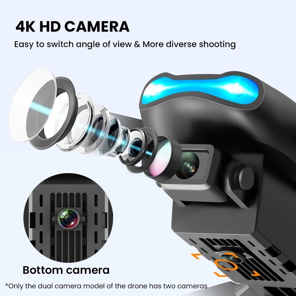 E99 K3 Pro drone 4K HD dual-camera lens close-up for aerial photography and video recording.