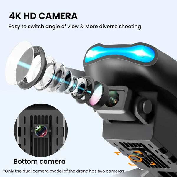 E99 K3 Pro drone 4K HD dual-camera lens close-up for aerial photography and video recording.