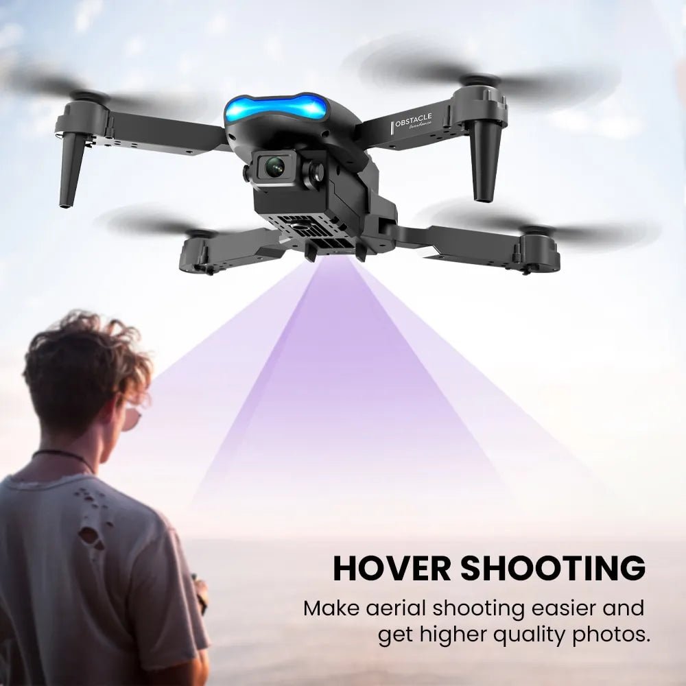 E99 K3 Pro mini RC drone in flight capturing aerial photos during outdoor play sessions.