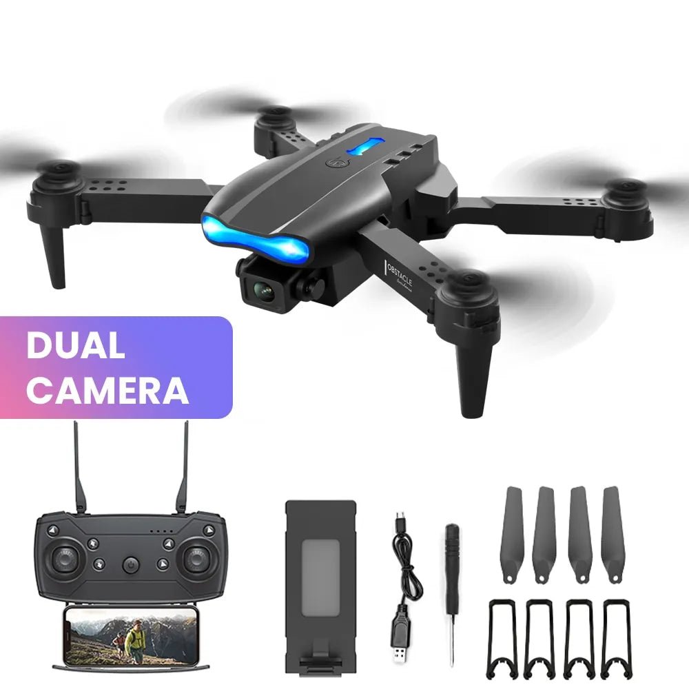 E99 K3 Pro drone black variant kit with dual camera and remote control for aerial photo flights.