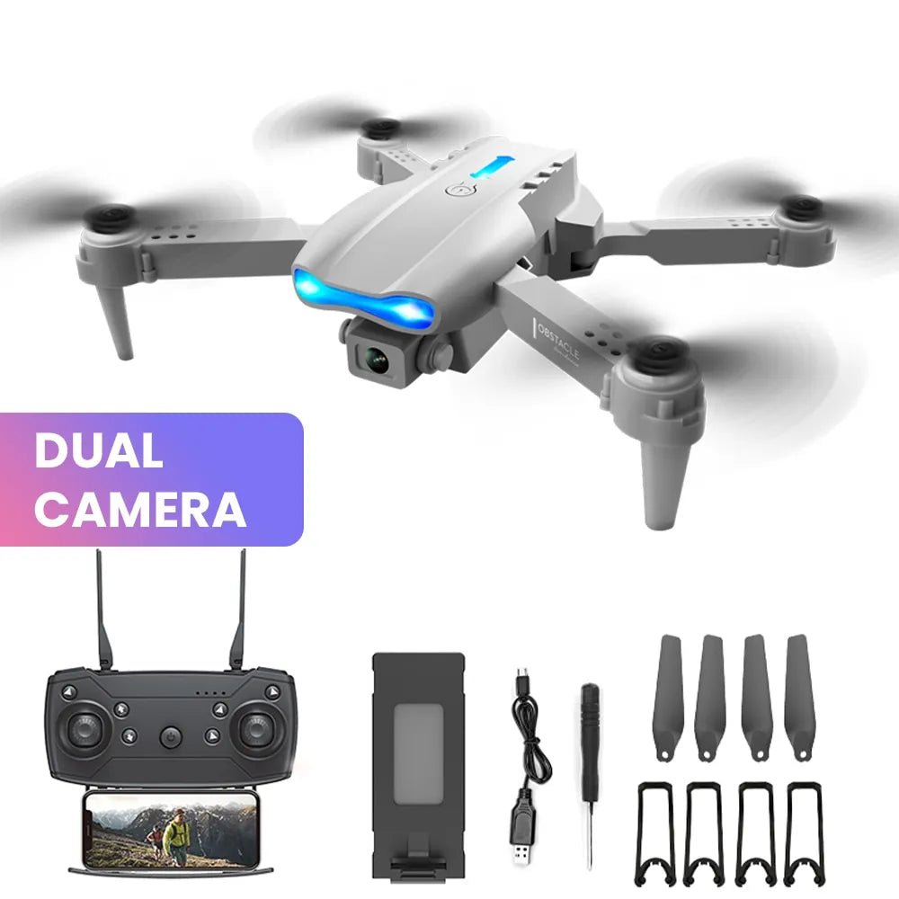E99 K3 Pro drone full kit with remote control, battery, and propellers for RC flying.