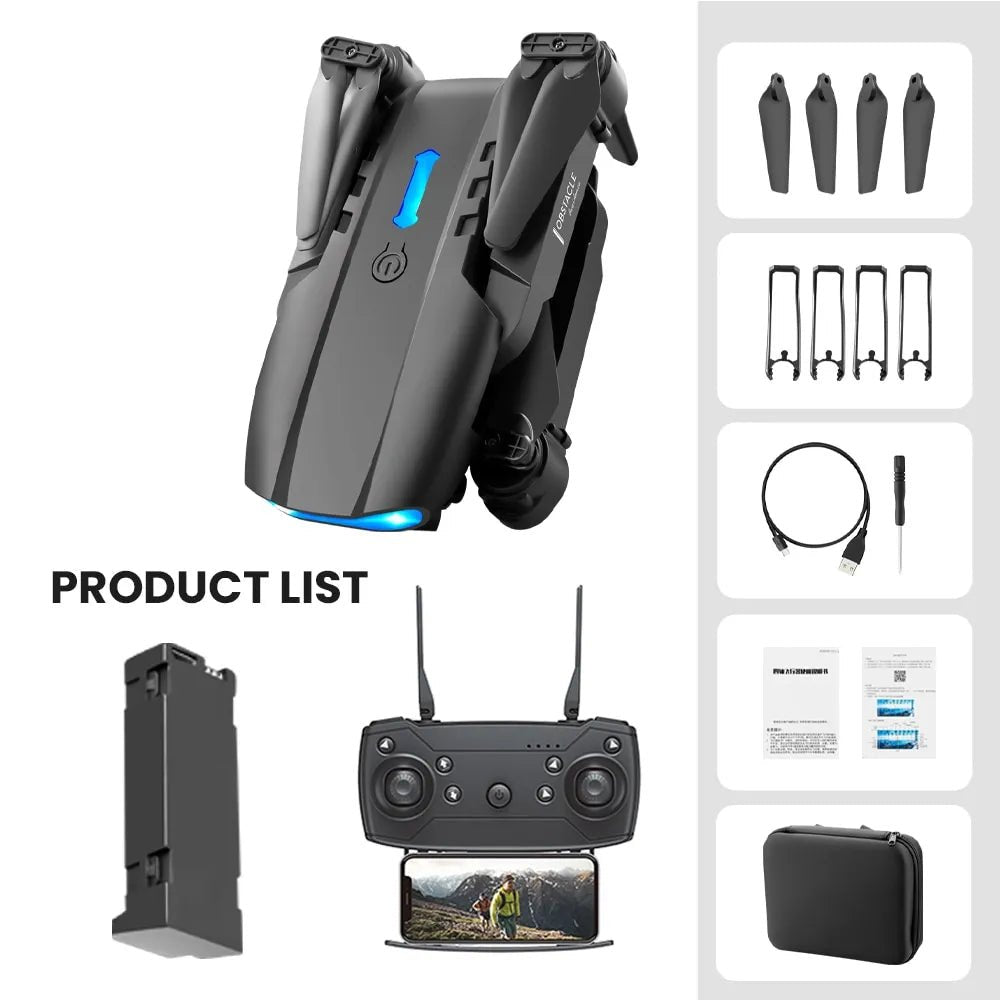 E99 K3 Pro drone package contents list showing quadcopter and included accessories for buyers.