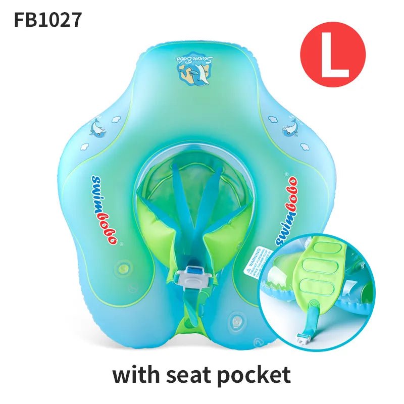 Blue and green inflatable baby swim ring with seat pocket on a white background