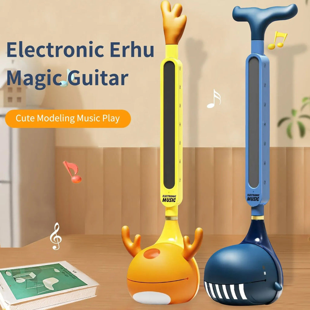 Two colorful electronic musical instruments, an orange and yellow one and a blue and white one, on a wooden surface with a blurred background.