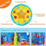 Baby toy with star design and underwater scene illustrations, labeled with functions.