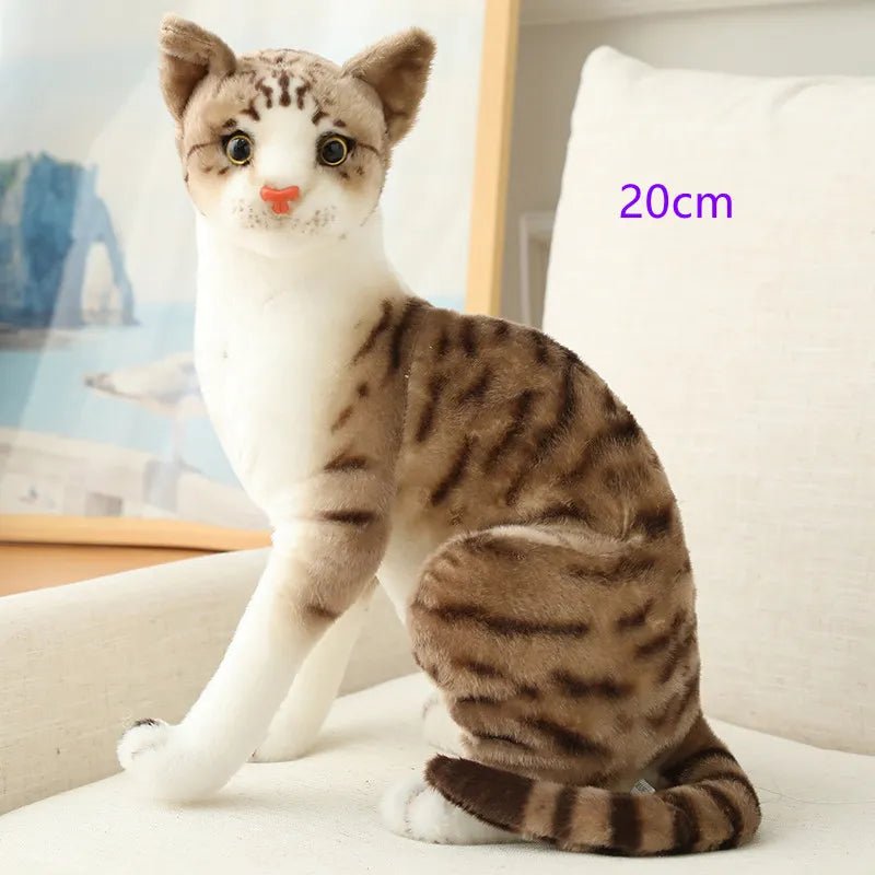 Plush toy cat with brown and white pattern 