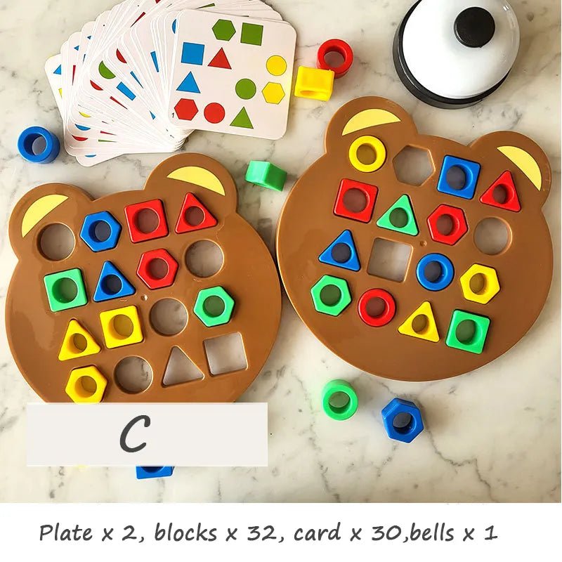 Two bear-shaped educational toys with colorful blocks 