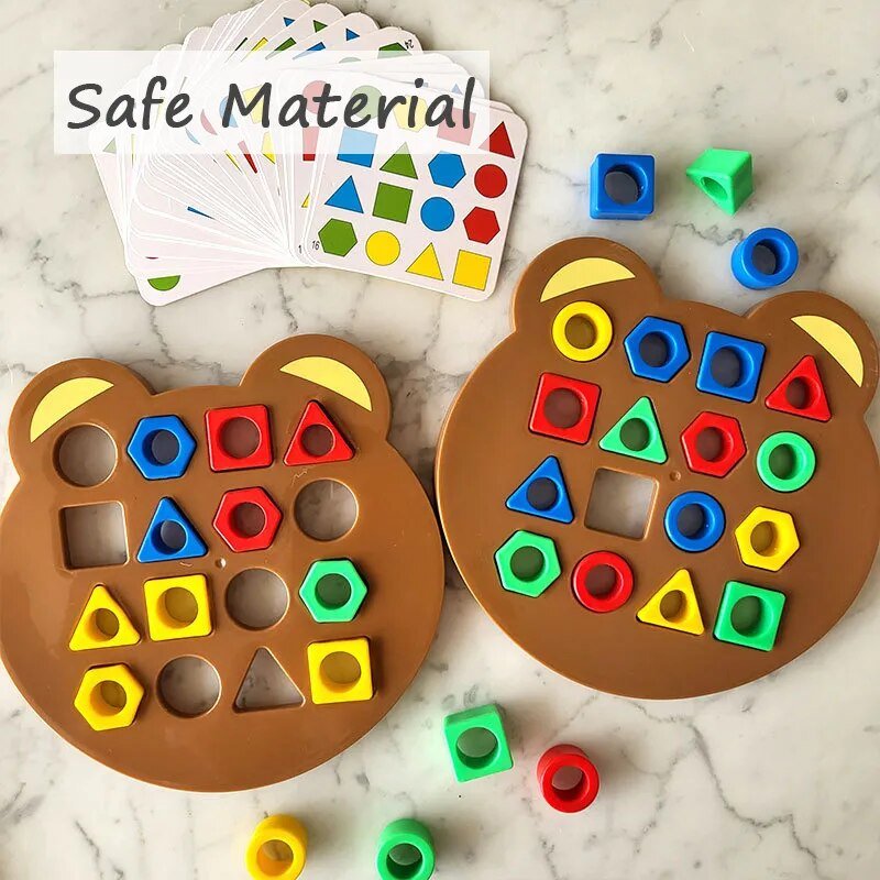 Two bear-shaped educational toys with colorful geometric shapes.