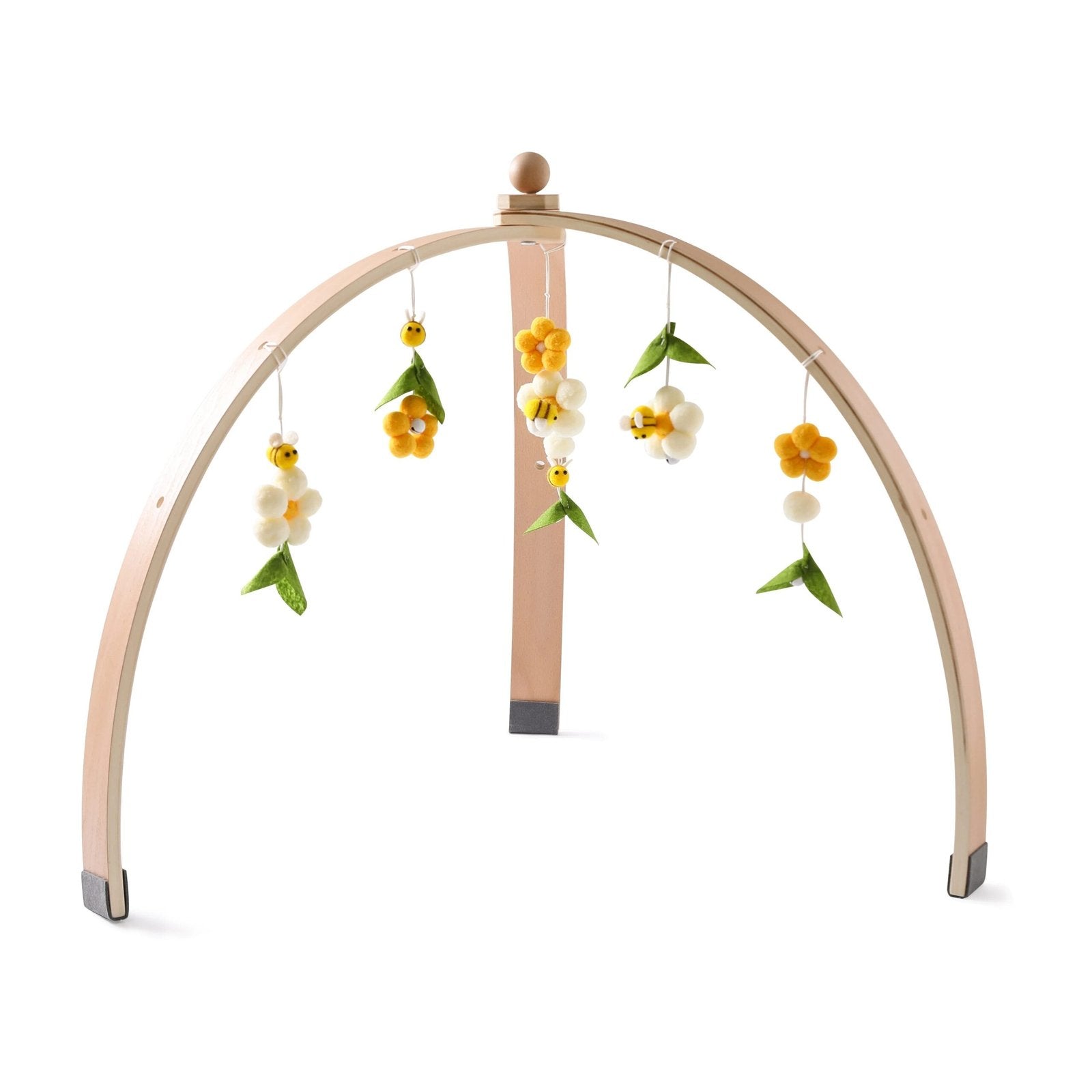 Wooden baby play gym with floral hanging toys for gentle early learning play and nursery decoration.
