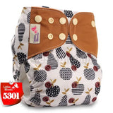 Patterned diaper with brown accents and a visible brand label
