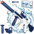 Toy water gun with blue and white design, surrounded by water splashes, with accessories and packaging.