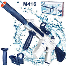 Toy water gun with blue and white design, surrounded by water splashes, with accessories and packaging.