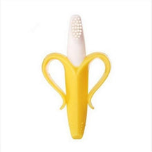 Easy-grip yellow banana baby teether with a white handle for small hands to hold during teething and play.