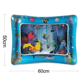 Inflatable water mat with underwater scene and fish, showing dimensions.