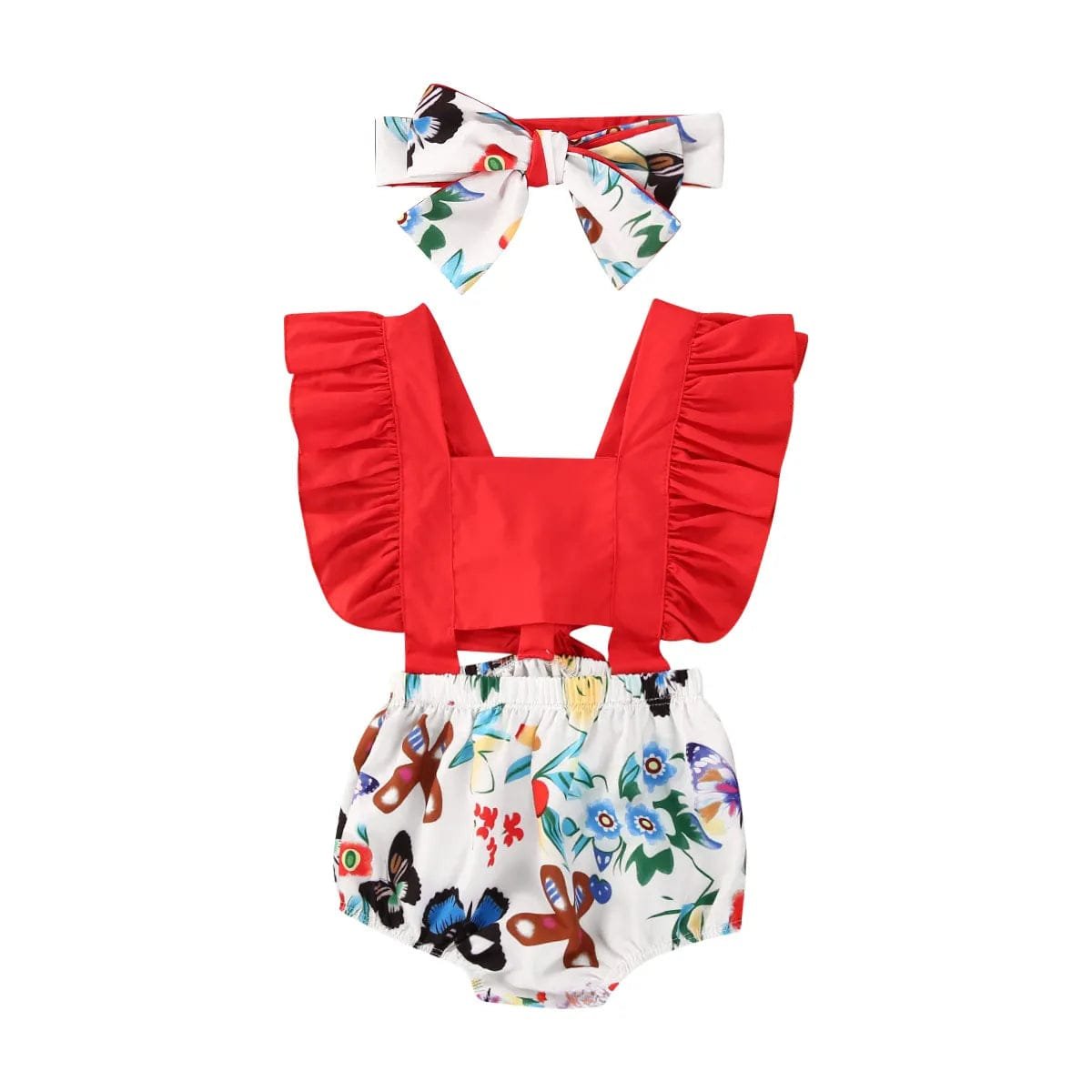 Red top and floral romper with matching headband on a white background