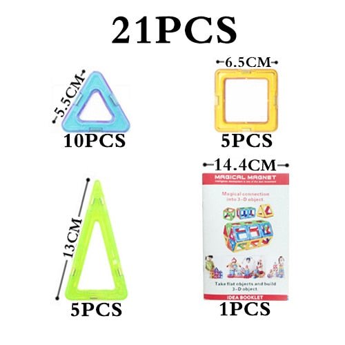 Set of colorful magnetic shapes with packaging labeled '21 PCS'.
