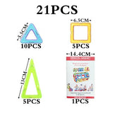 Set of colorful magnetic shapes with packaging labeled '21 PCS'.
