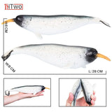 Realistic penguin-shaped fishing lure with measurements and usage examples on a white background.