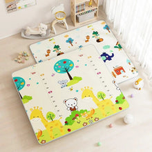 Eco-Friendly EPE baby crawling mat with animal designs on a light wooden floor for cushioned indoor play.