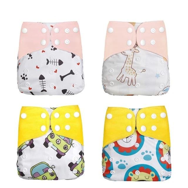 Four colorful baby diapers with different patterns (option 5)