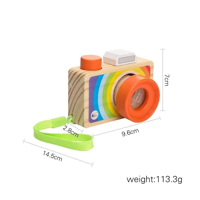 Eco-friendly wooden camera pendant shown with measurements and colours, a natural material toy for pretend play.
