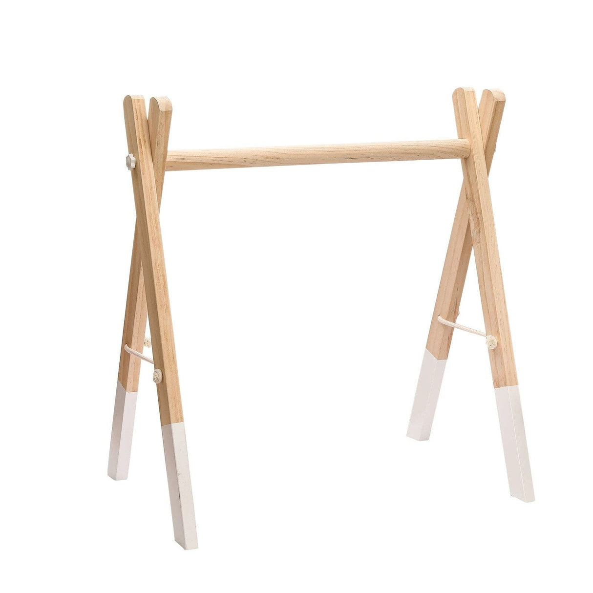 Wooden clothing rack with white accents.