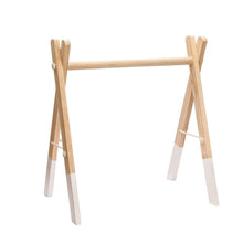 Eco wooden baby gym stand with white accent detail for calm nursery play and daily infant activity.