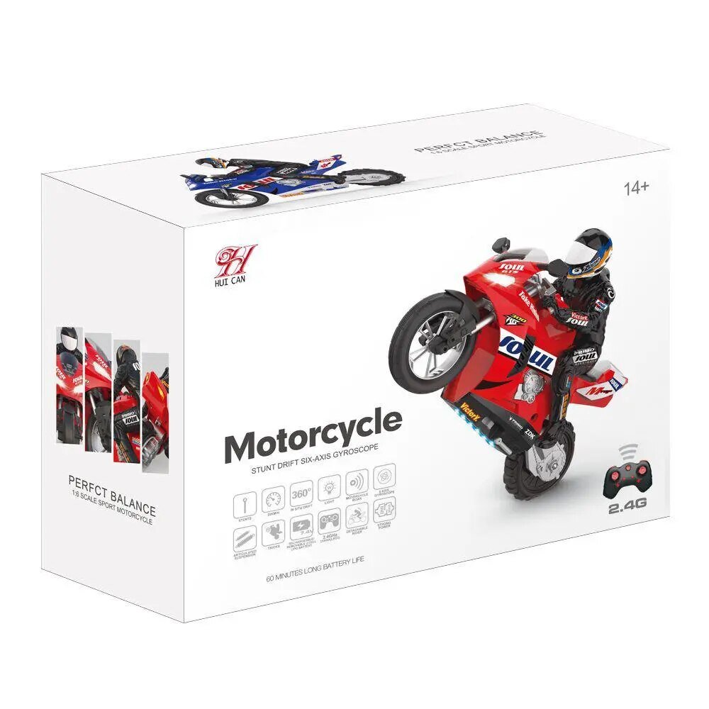 Boxed toy motorcycle with remote control on a white background