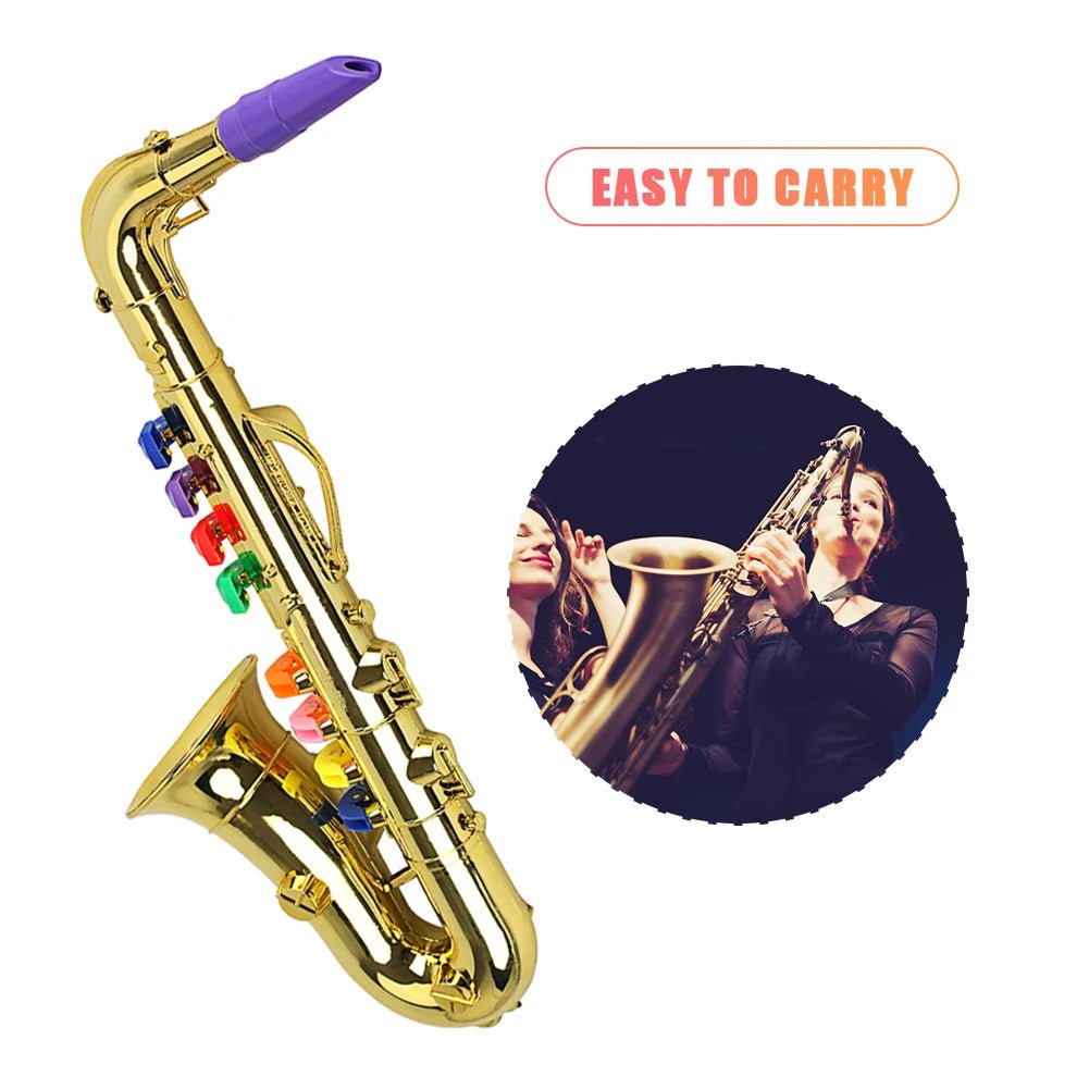 Gold saxophone with colorful keys and a small inset of people playing saxophones, on a white background.
