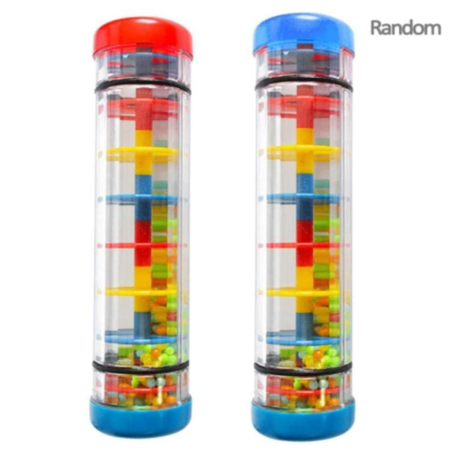 Two transparent tubes with colorful building block toys inside, on a white background.
