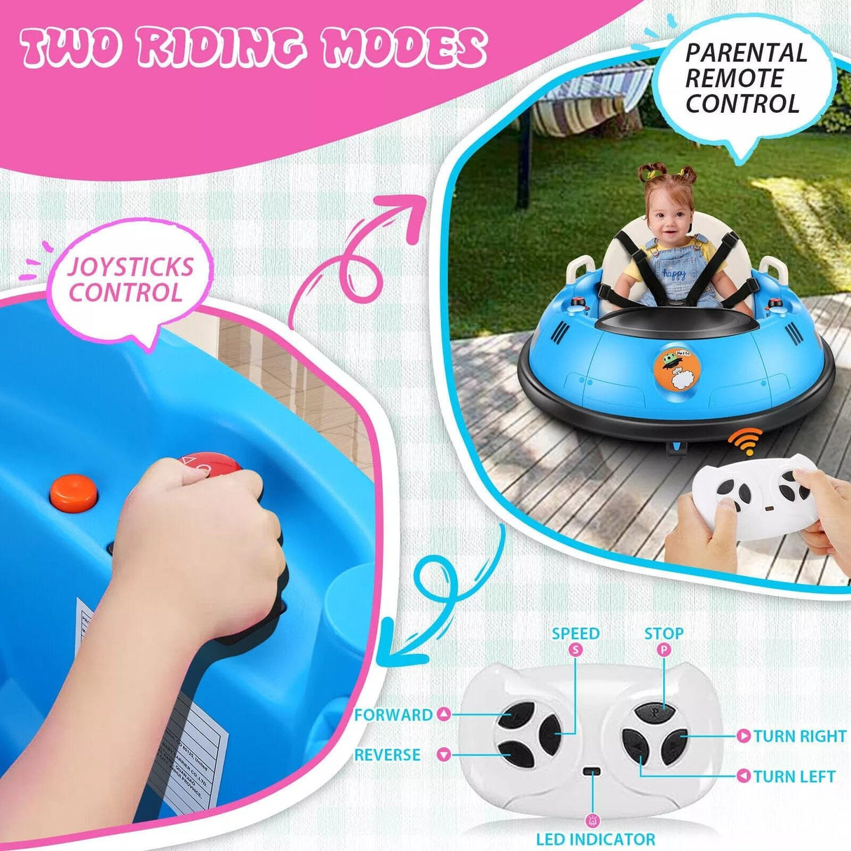 Children's inflatable bumper car with joystick control and parental remote control features.