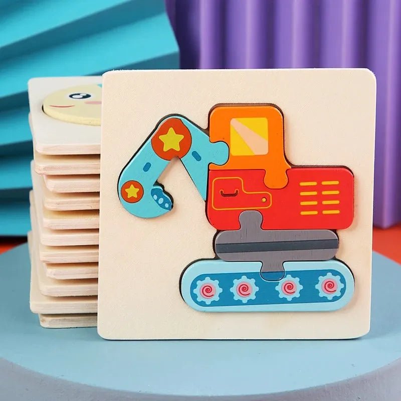 Wooden puzzle with a colorful excavator design.
