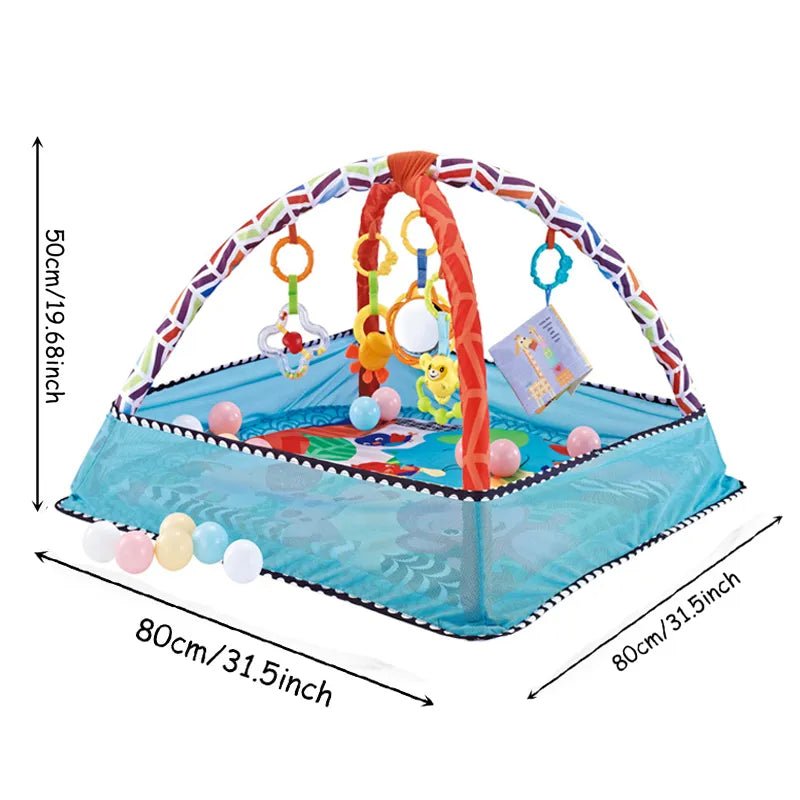 Baby play gym with colorful toys and dimensions info.