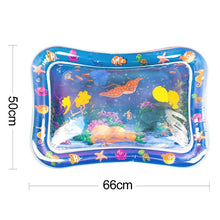 Inflatable water mat with ocean-themed design and measurements.